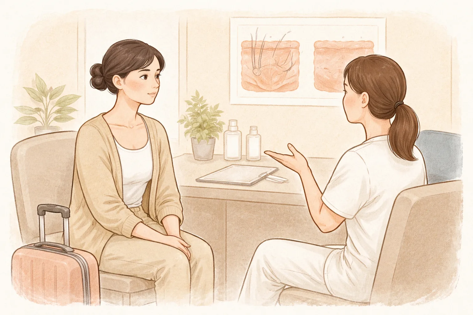 Doctor explaining something to a woman in a consultation room with a small carry-on bag beside her