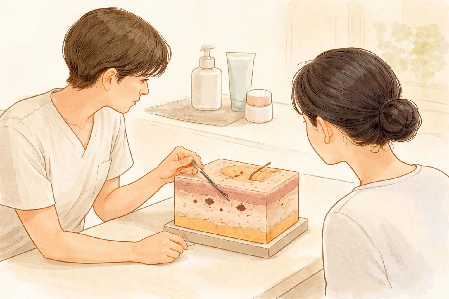 Clinician pointing at a pigmented area on a skin cross-section model while consulting a patient