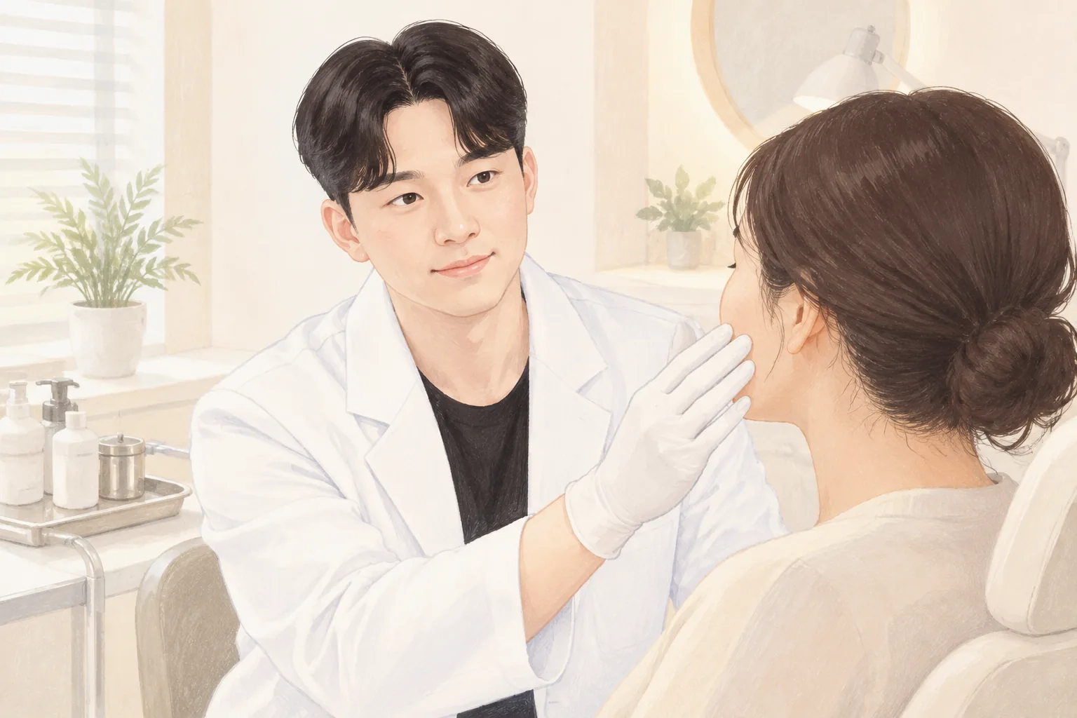 남성 의사가 여성 환자의 볼 피부를 확인하는 모습