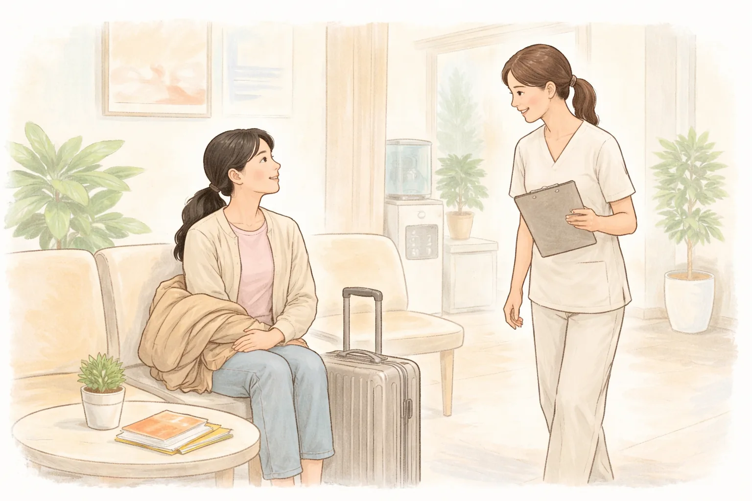 女性坐在行李箱旁等候,護理師站在一旁