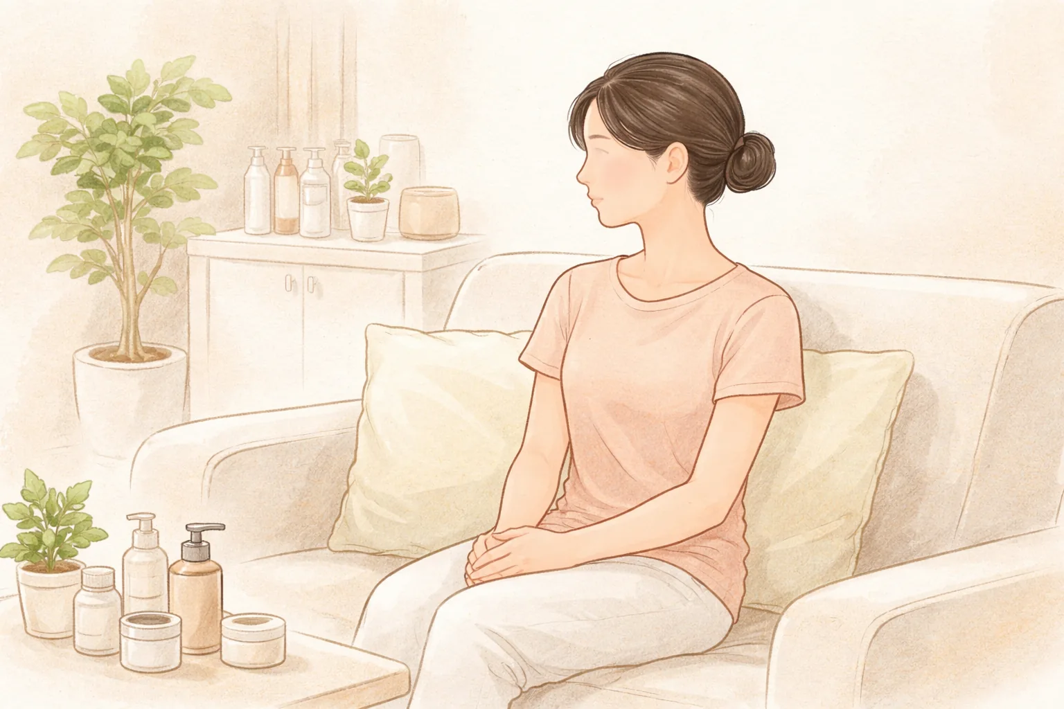 Wanita duduk di sofa dengan kedua tangan terlipat dan wadah produk perawatan di atas meja