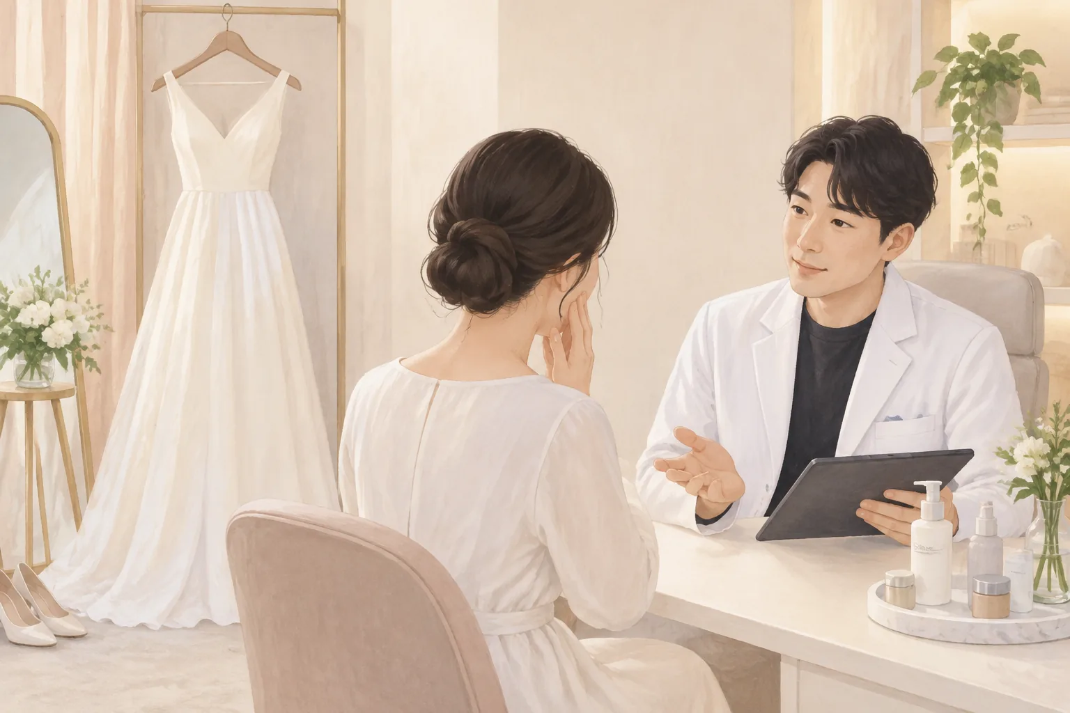 웨딩드레스 옆에 앉아 볼을 만지며 이야기하는 여성과 남성