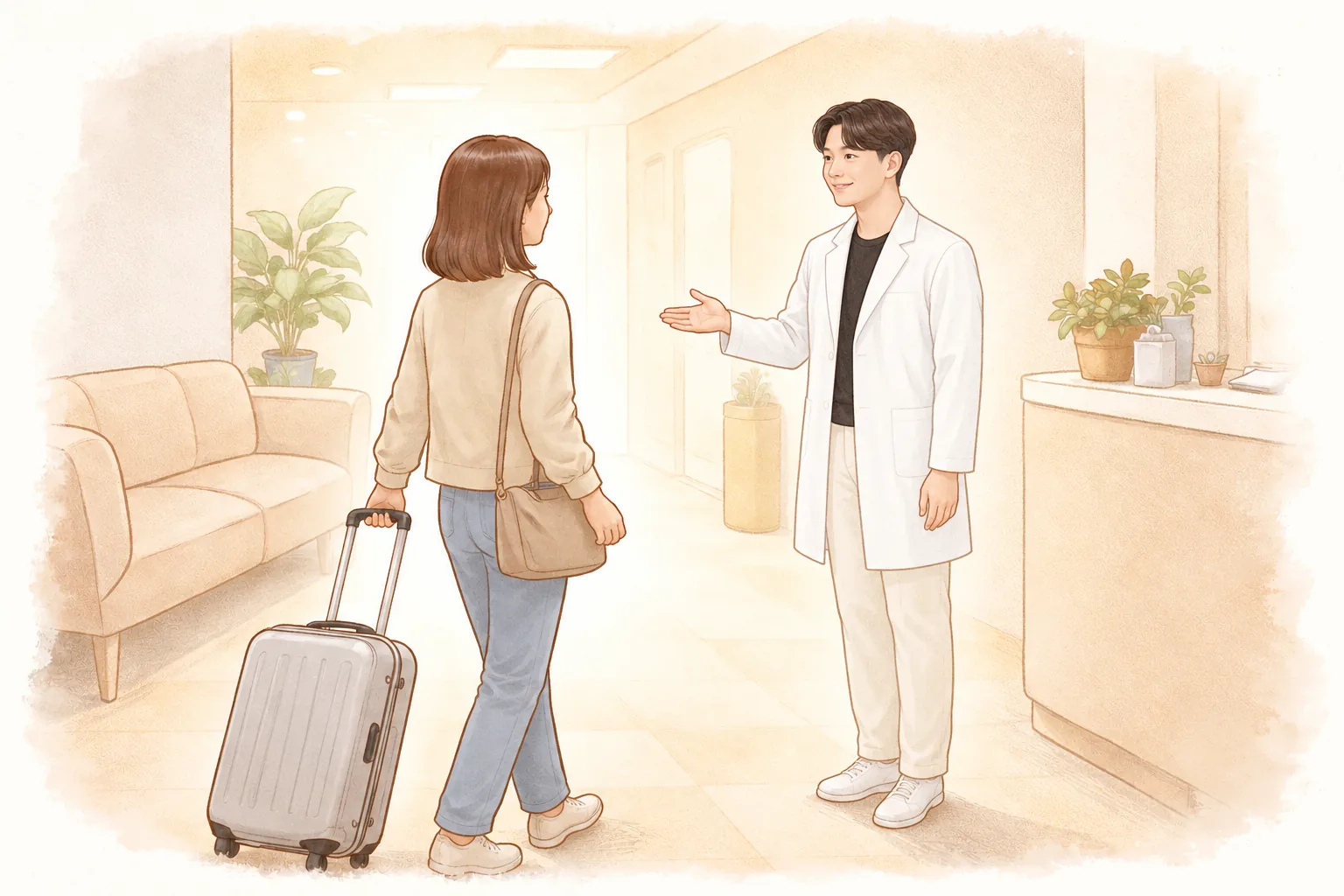 一名女性訪客拉著行李箱走進醫院候診室,一名男性醫療人員向她打招呼。