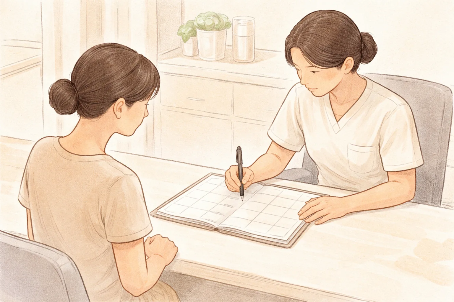 机に向かい合って手帳に書き込む女性2人