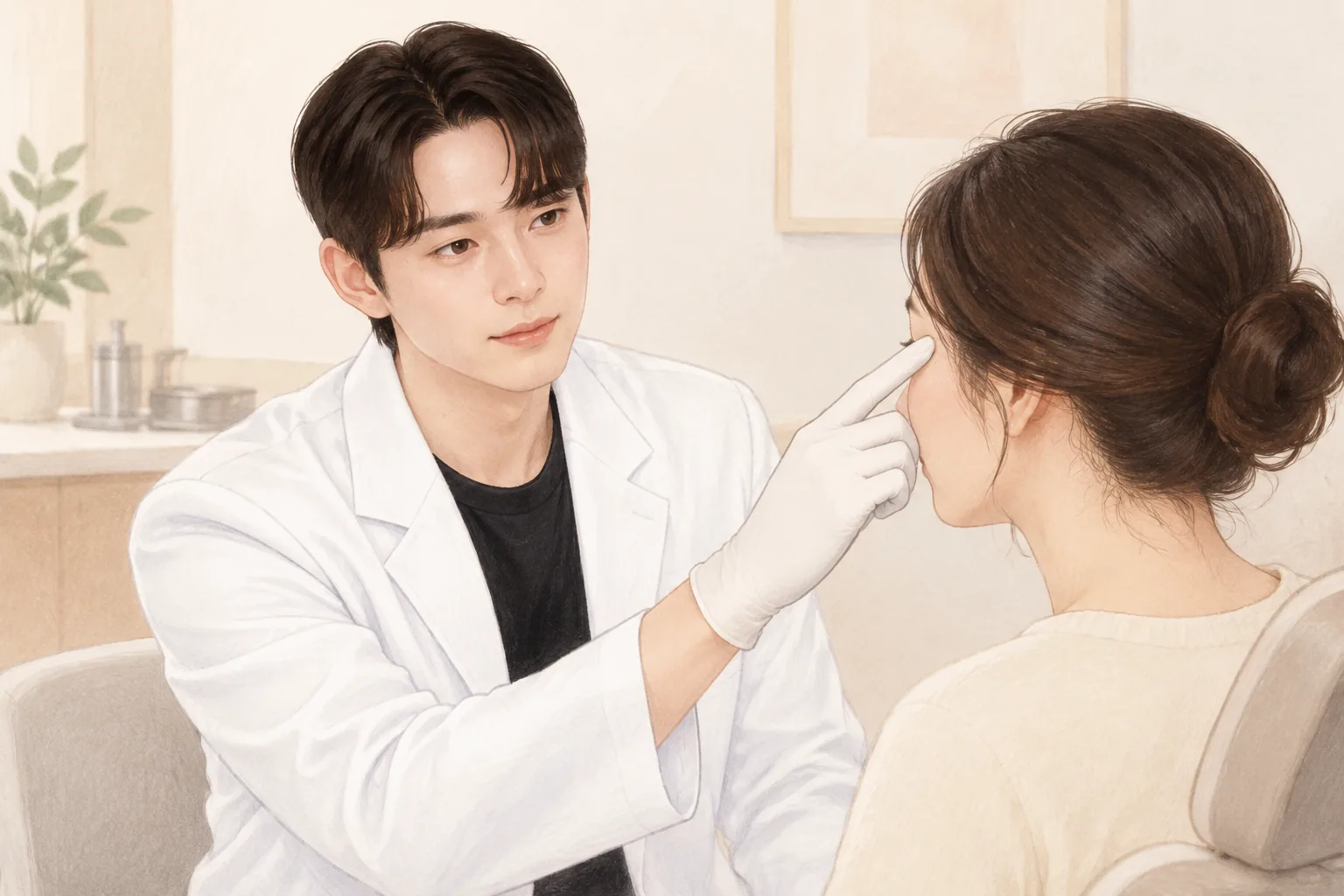 남자 의사가 흰 장갑 낀 손가락으로 여성 환자의 얼굴 특정 부위를 가리키는 모습