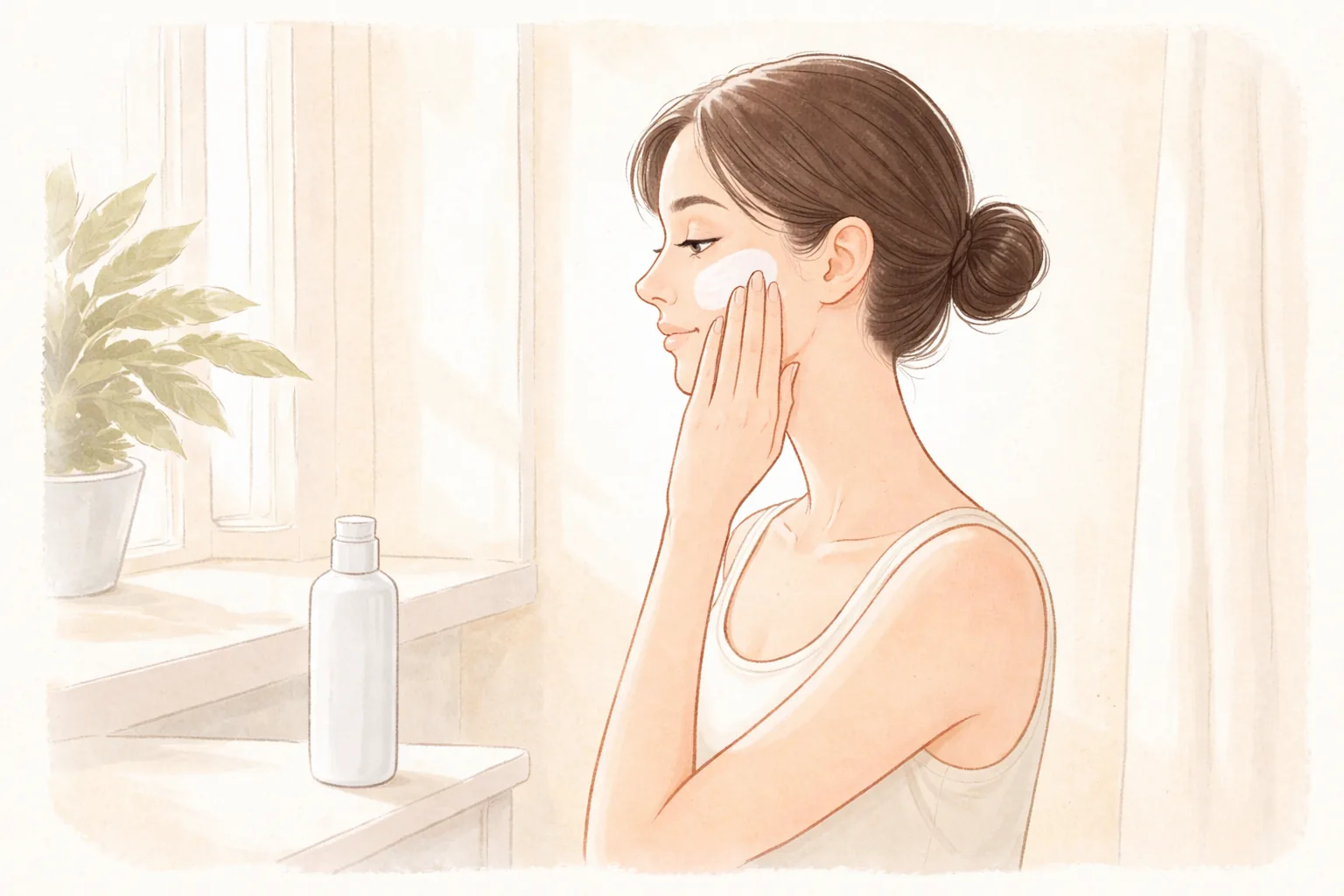 밝은 방에서 거울 앞에 선 여성이 볼에 크림을 바르는 모습