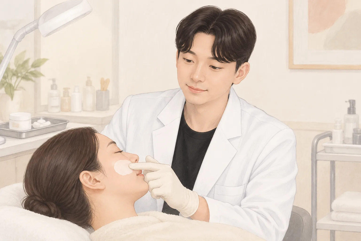 환자의 볼에 장갑 낀 남성 의사가 크림을 바르고 있음