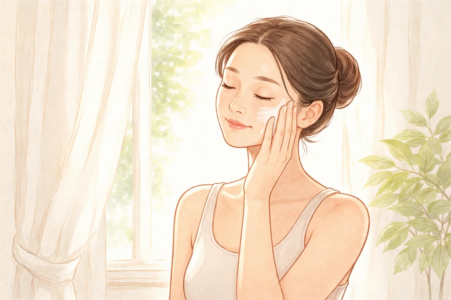 在窗边用手轻触脸颊的女性