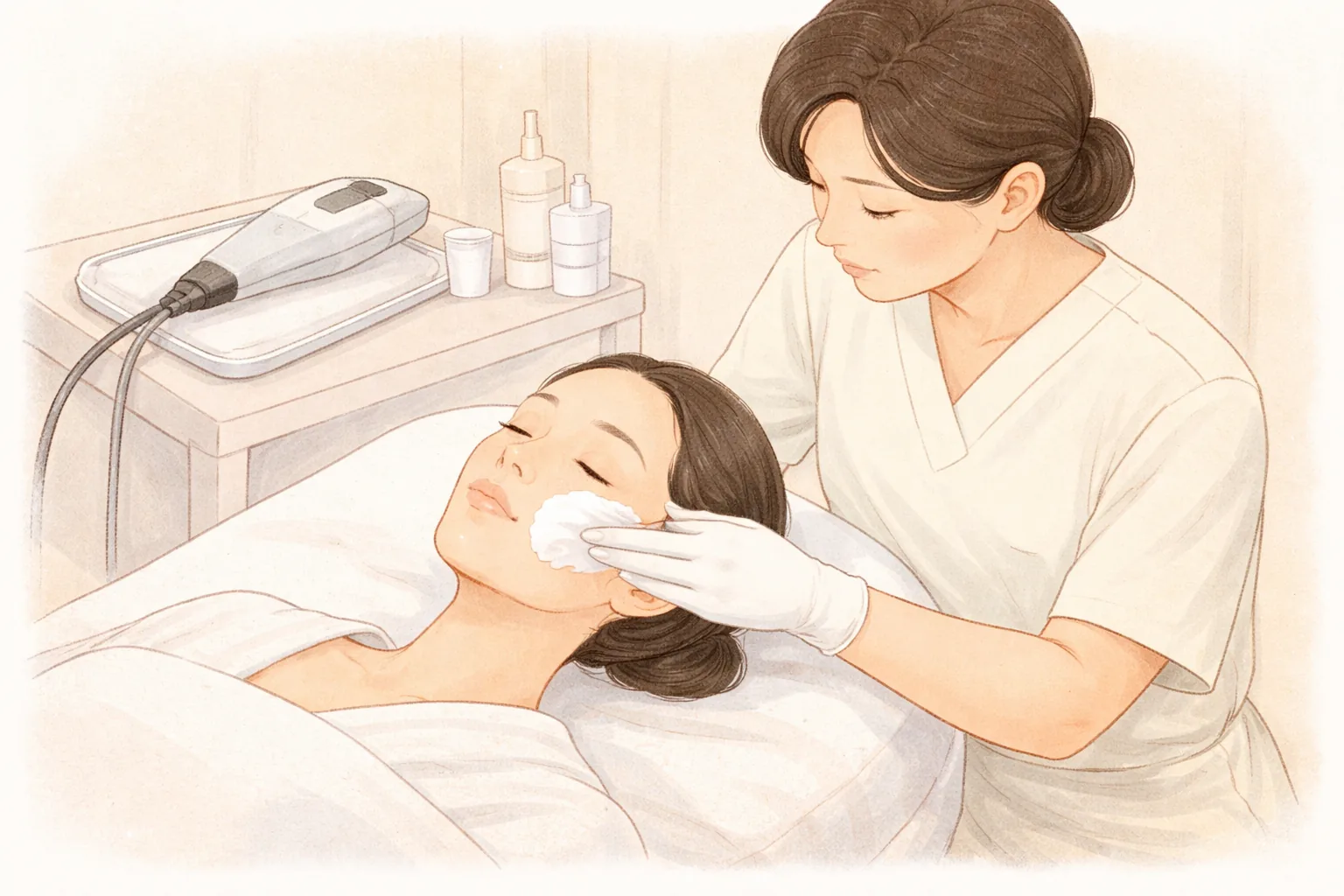 女性躺在診療床上，戴手套的醫療人員在其臉頰塗抹乳霜
