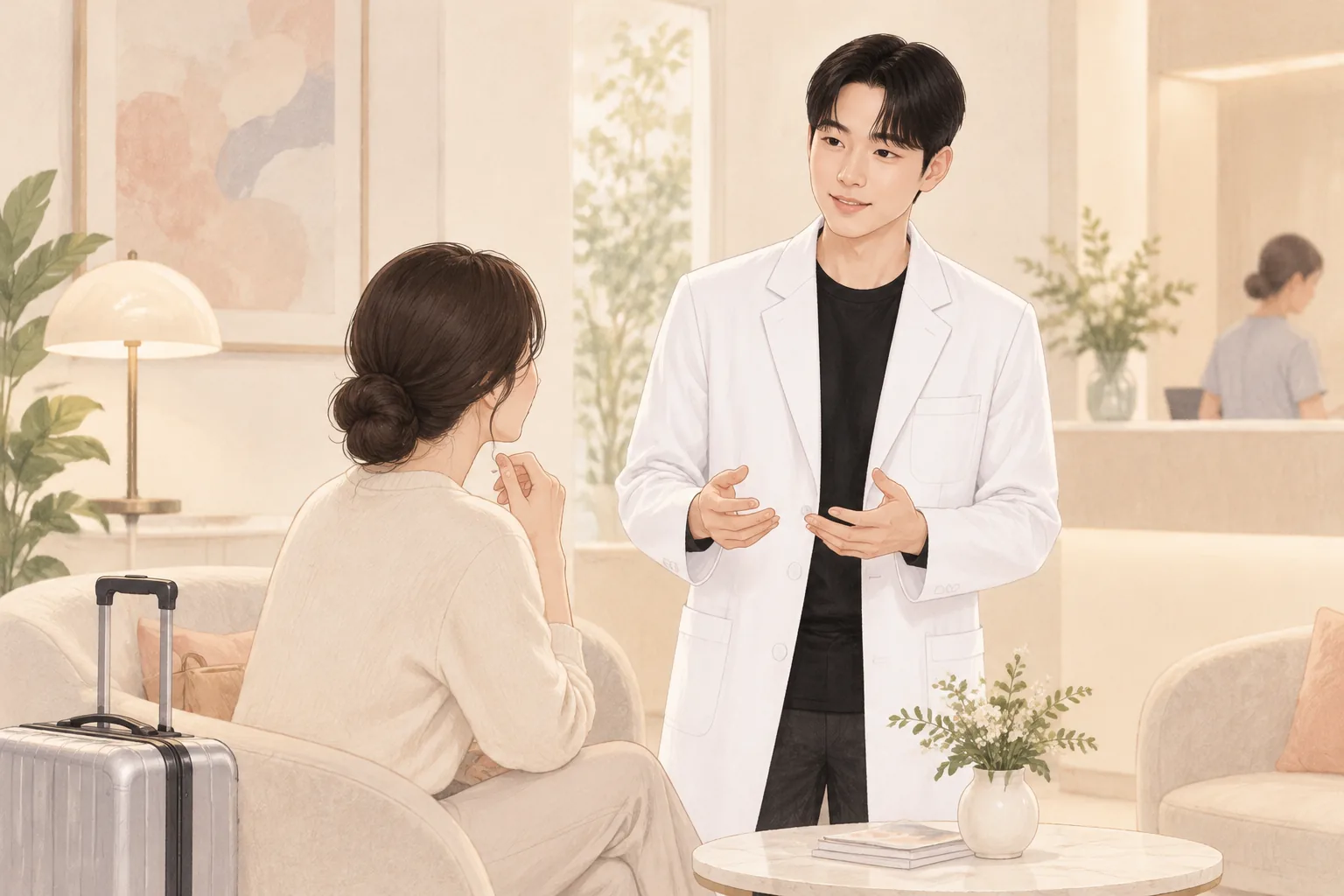 작은 여행가방 옆에 앉아 있는 환자와 이야기하는 남성 의사
