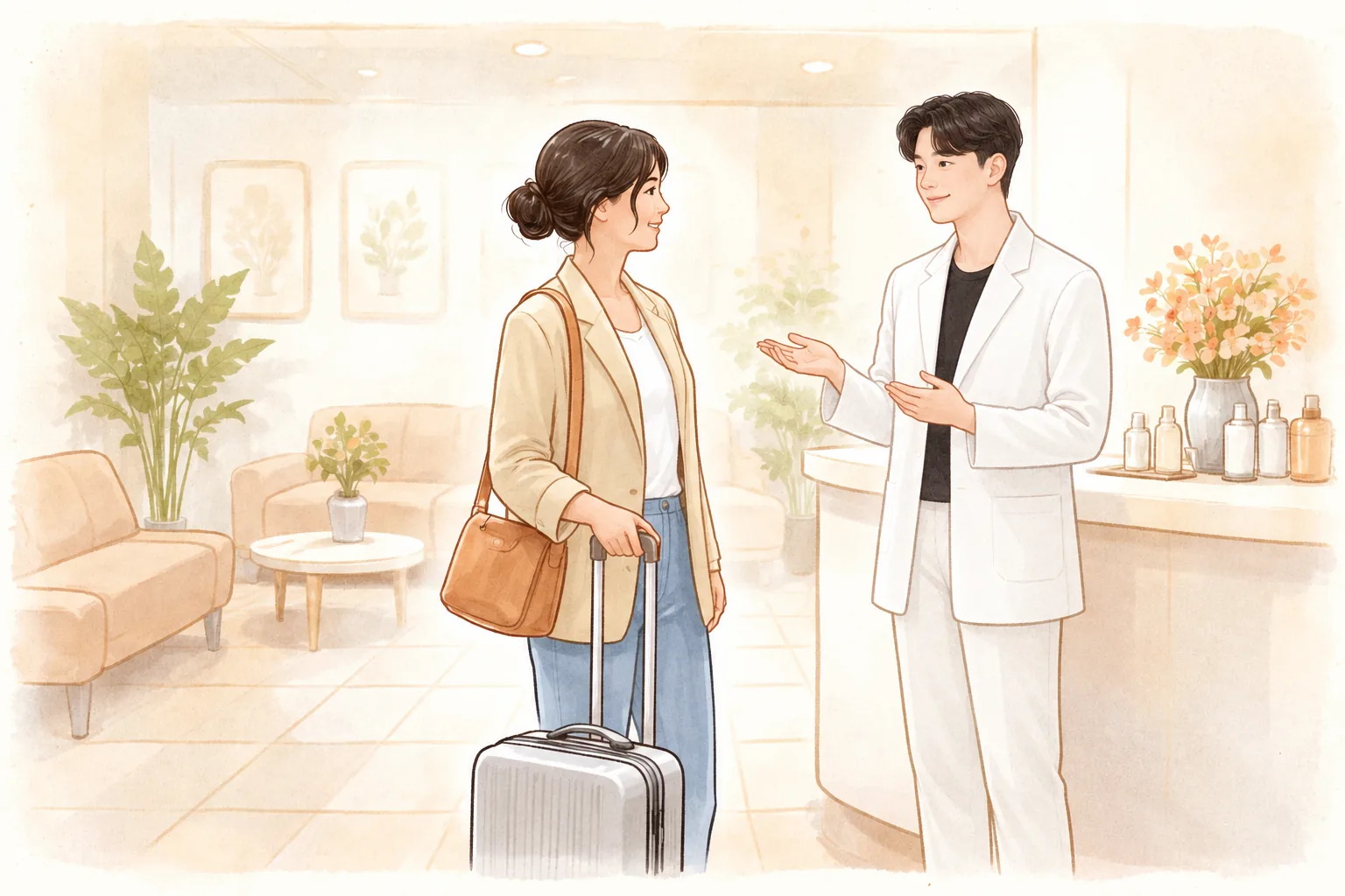 キャリーケースを引く女性と案内係が話している