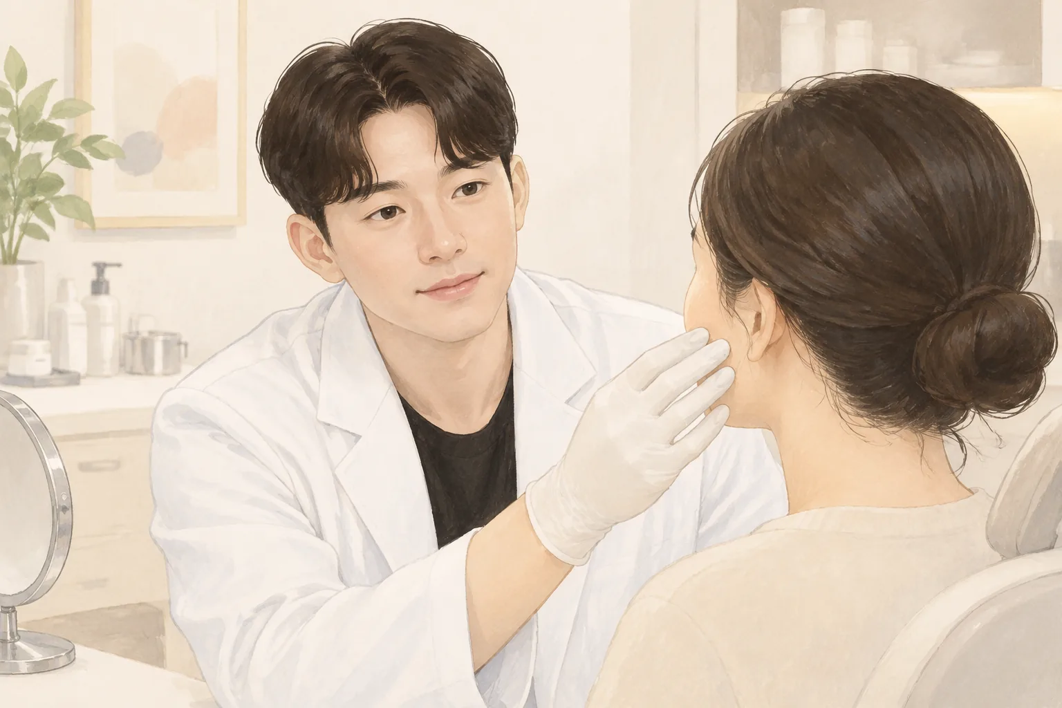 장갑 낀 손으로 환자의 볼을 살피는 남성 의사와 앉아 있는 여성 환자