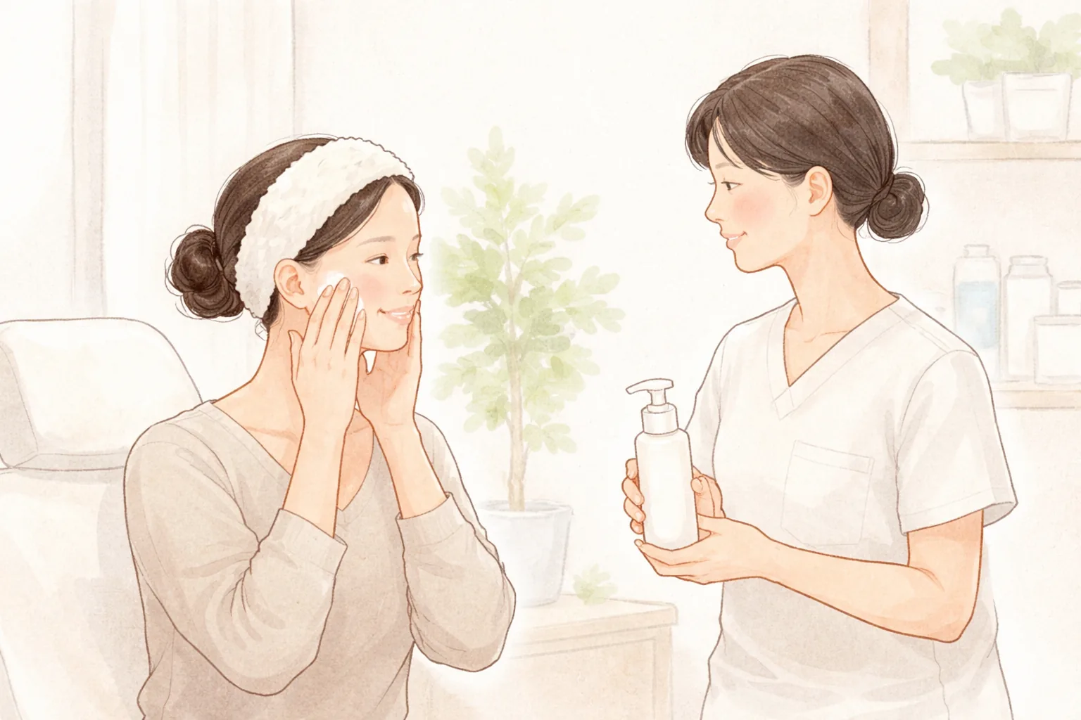女性塗抹保濕品，醫療人員手持保濕瓶站在一旁