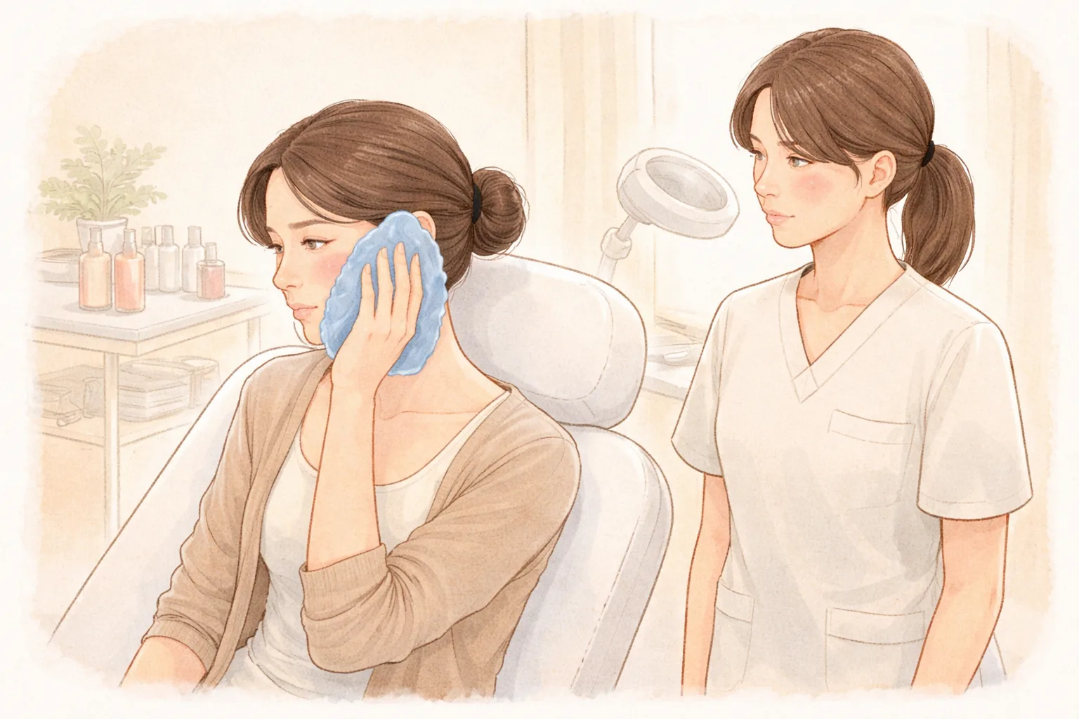Woman seated with a cold pack on one cheek next to a female clinician