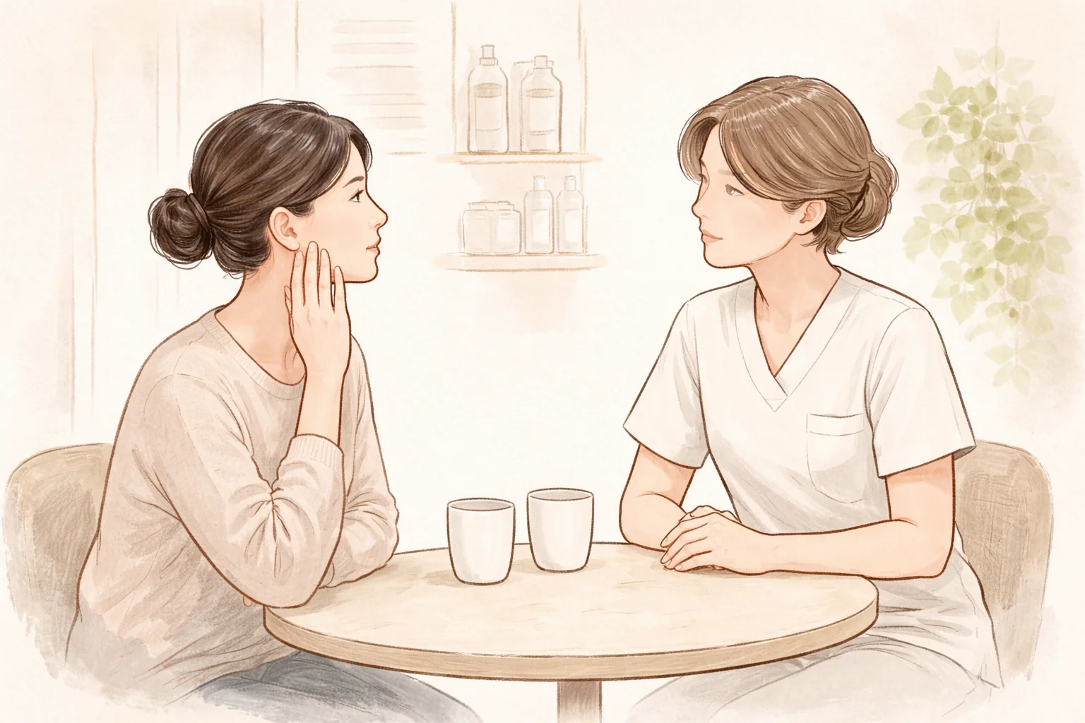 兩位女性隔著圓桌面對面交談
