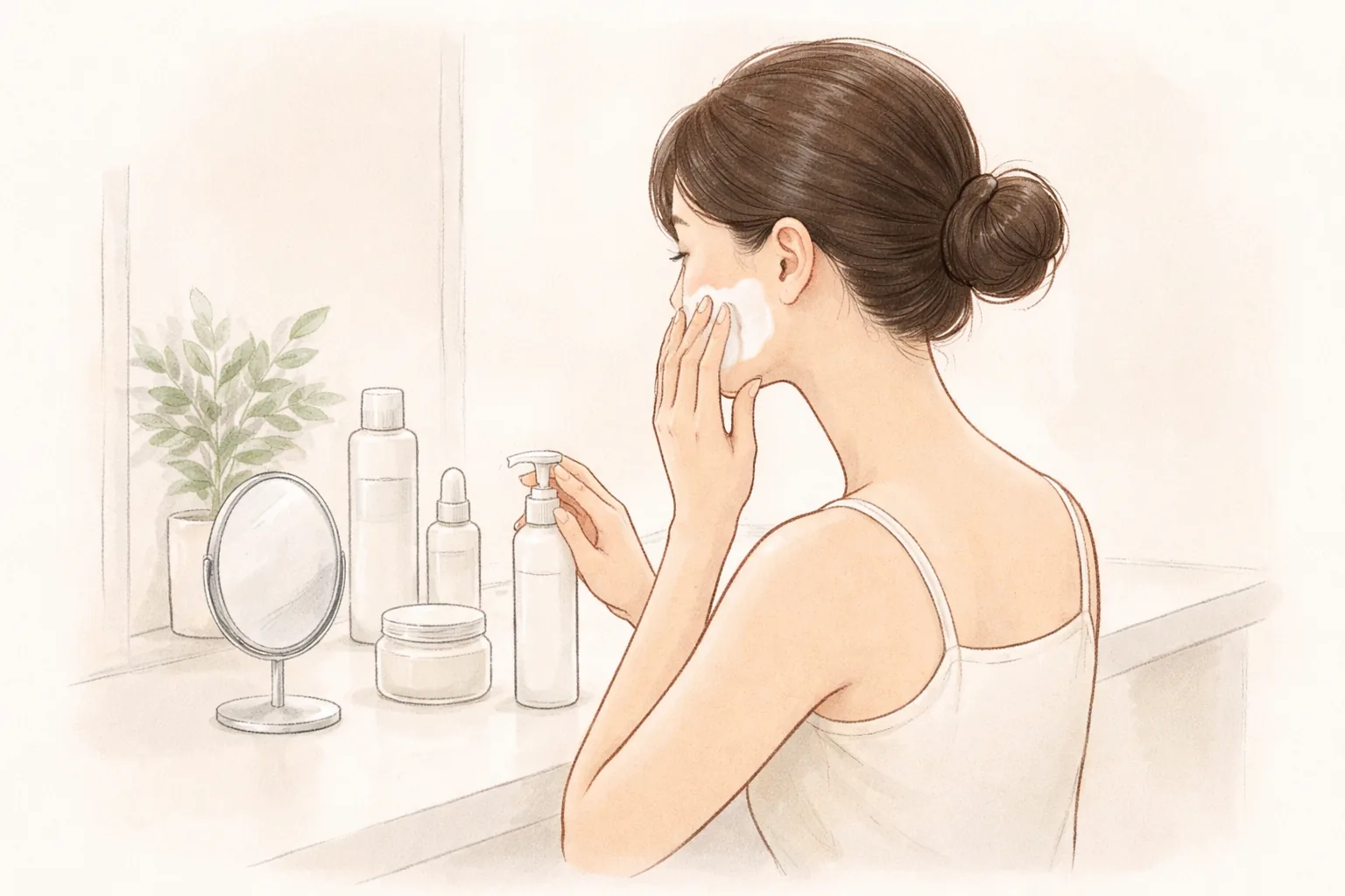 指先に保湿剤をとって頬に塗る女性と洗面台の棚