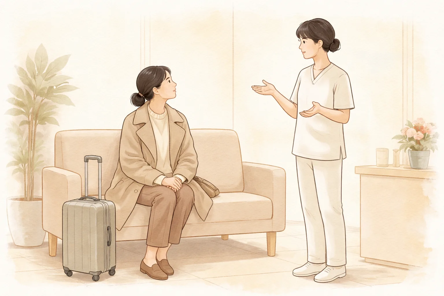 坐在行李箱旁与医护人员交谈的女性