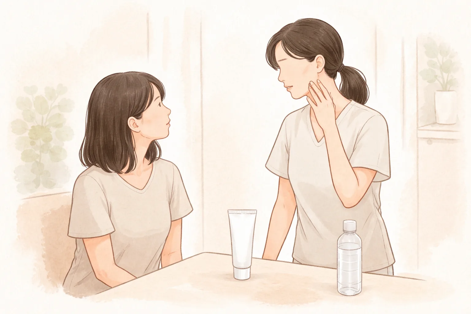 医务人员指着自己的脸向女性讲解脸颊护理方法,女性在旁倾听