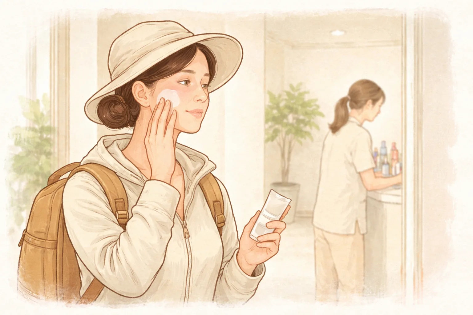 帽子をかぶった女性が室内で頬にクリームを塗っている