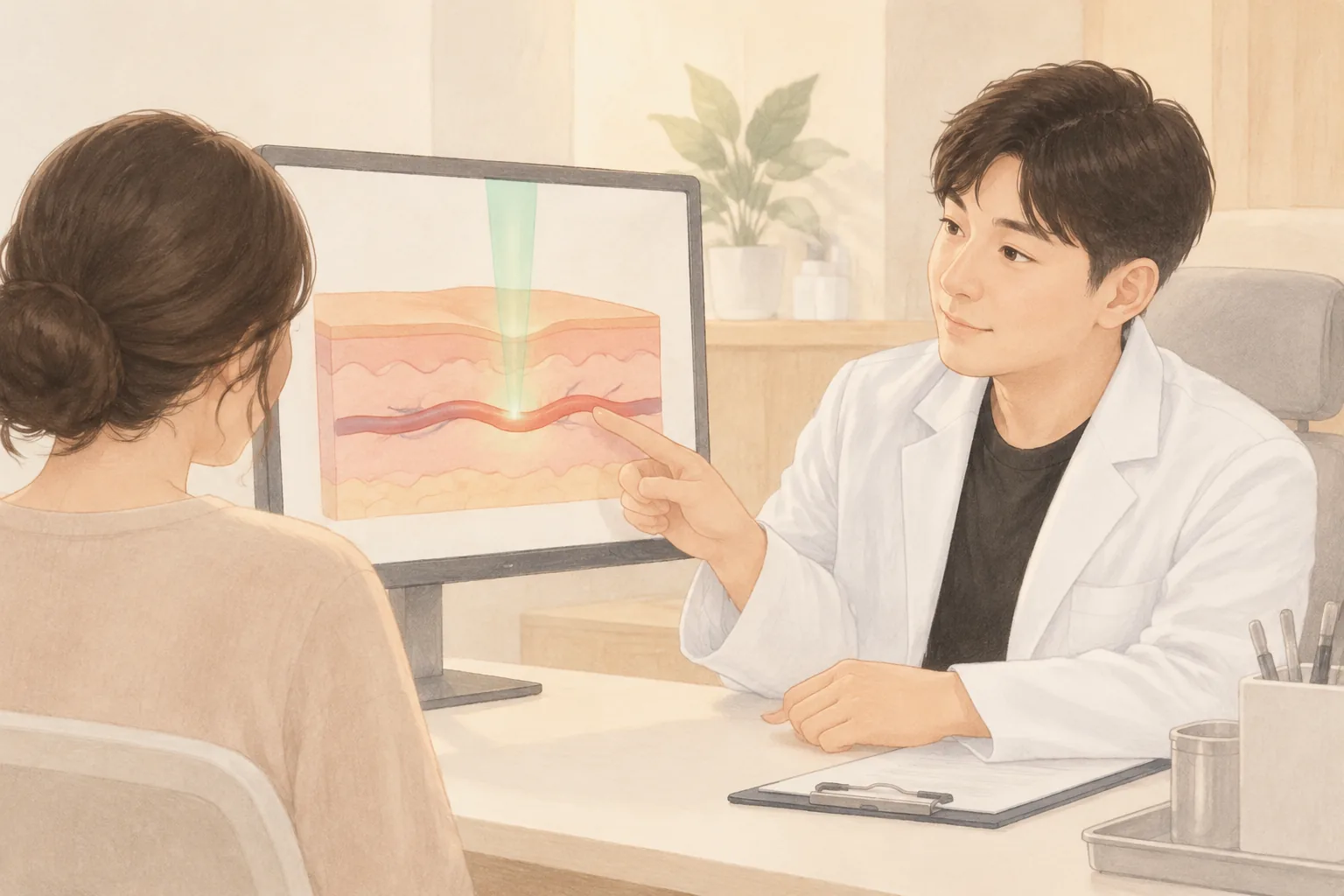 モニターを見ながら皮膚断面に緑色のレーザーが当たる様子を女性患者に説明する医師