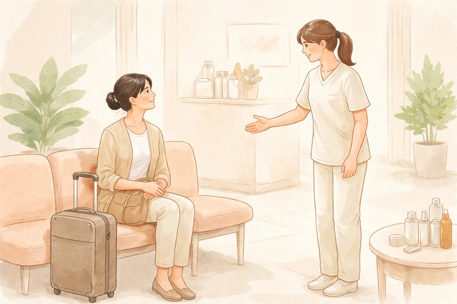 Dua wanita menyapa dokter sambil duduk di sofa ruang tunggu dengan koper di sampingnya