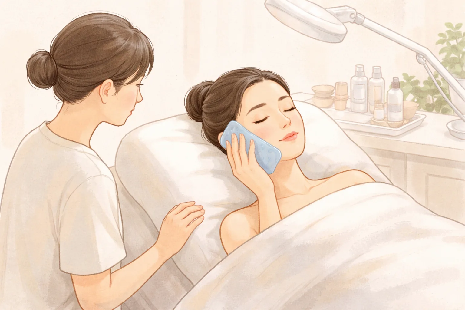 A woman lying on a treatment bed and another woman examining her from the side