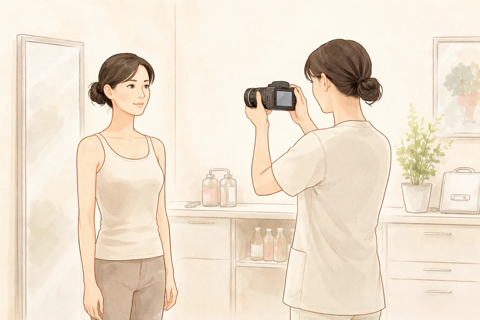 Personal médico fotografiando el rostro de una mujer que lo mira de frente con una cámara
