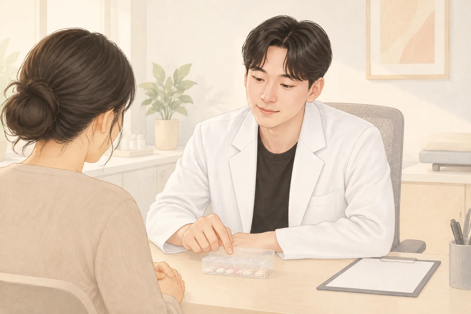 女性坐在桌前，與醫師看著藥盒交談