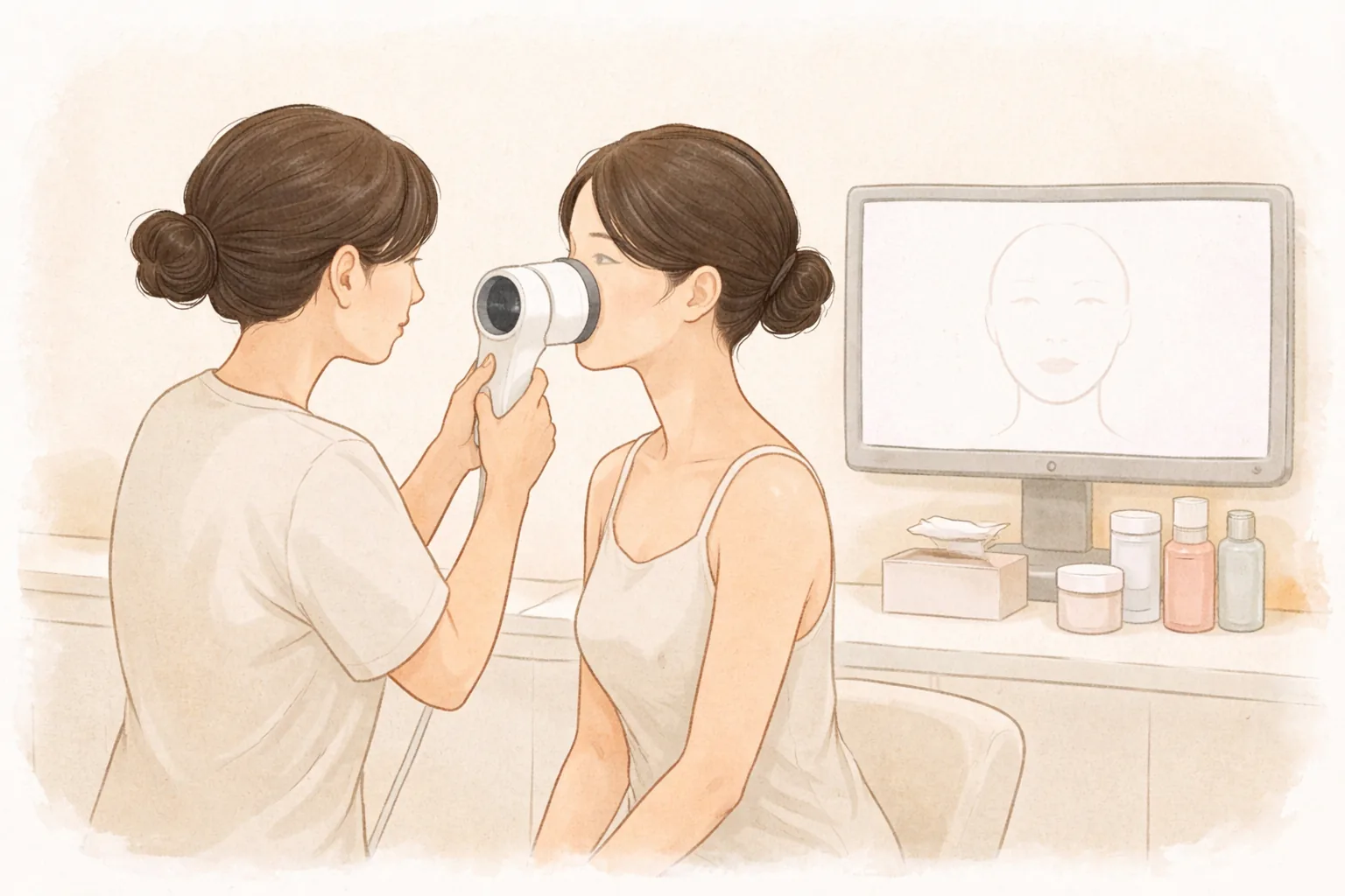 医疗人员用皮肤分析相机拍摄女性面颊