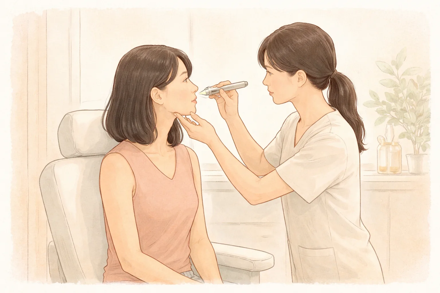女性坐在診療椅上,醫護人員檢查其臉頰