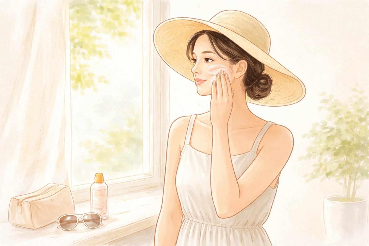 女性站在窗邊戴著帽子,手碰臉頰