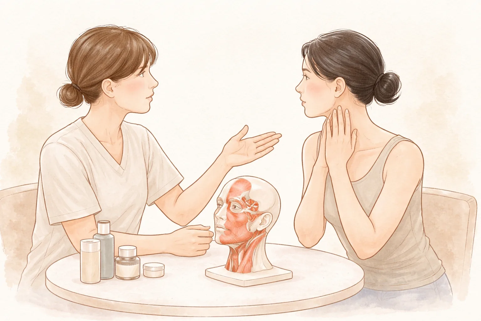 Personal médico y paciente sentados en una mesa de consulta, señalando el tercio medio y el cuello