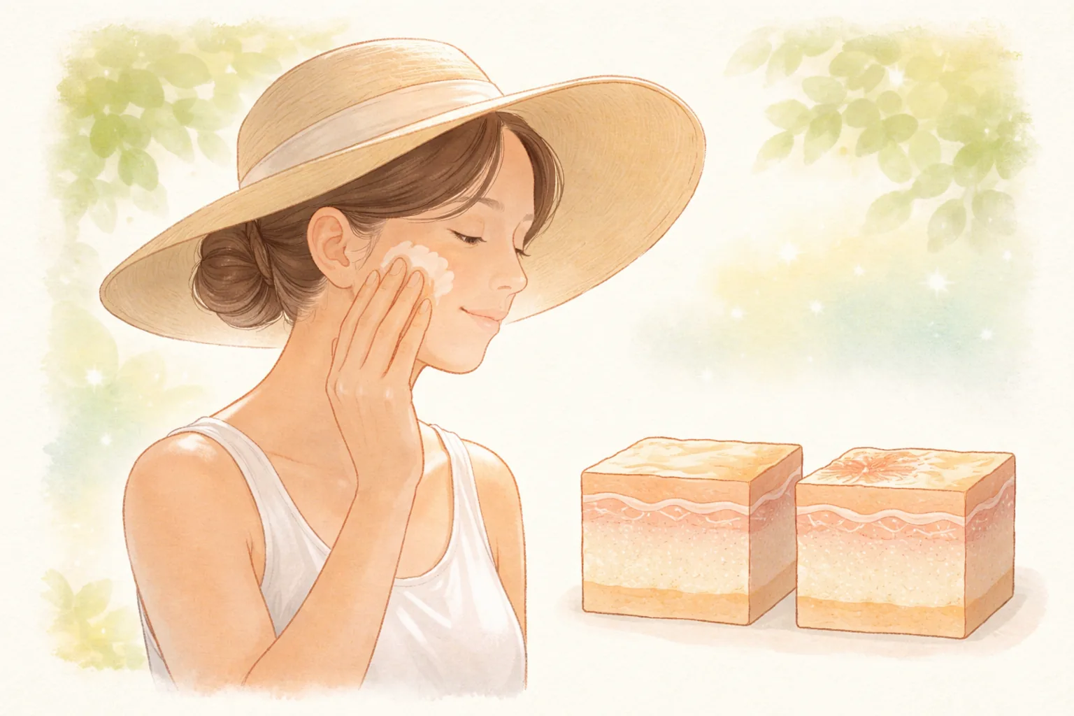 Woman in a hat applying cream to her cheek with two skin cross-section diagrams
