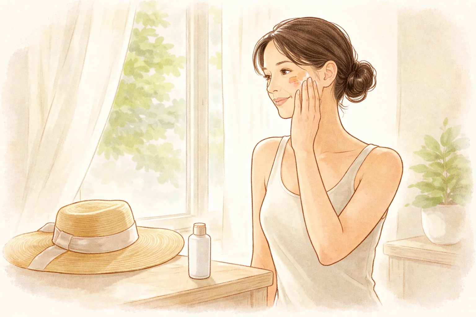 Woman applying sunscreen to her cheek by a window, sunscreen bottle and hat on the table
