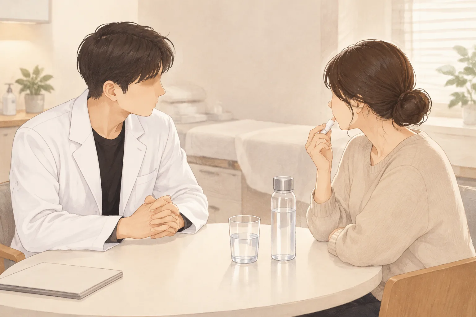 남성과 여성이 테이블에 앉아 있고 여성이 립밤을 바르고 있음