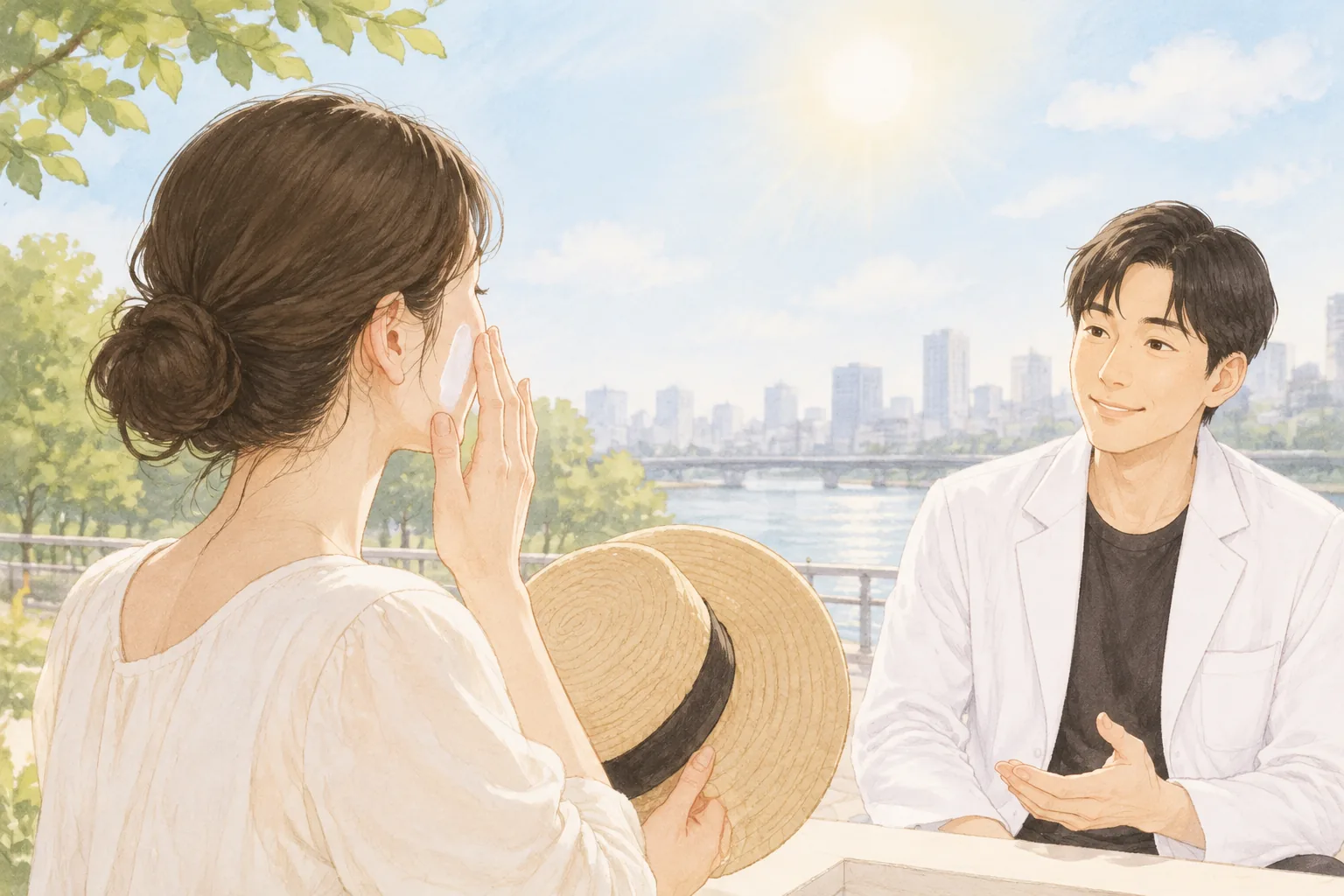 야외에서 대화하는 의사와 모자를 든 여성이 마주보고 있음