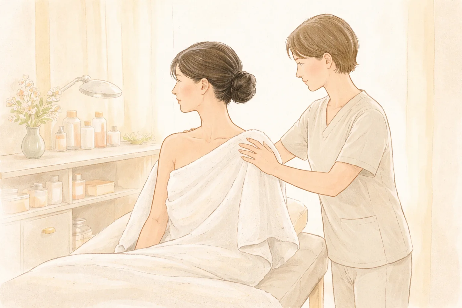 診療ベッドで毛布をかけた女性と横で肩を診る医療スタッフ