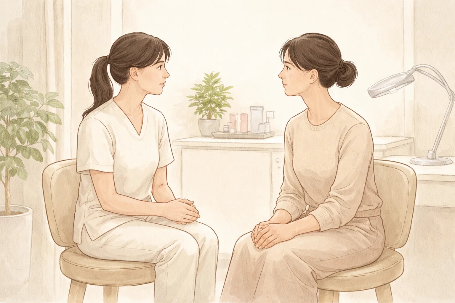診察室で医療スタッフと女性が向かい合って座り話している