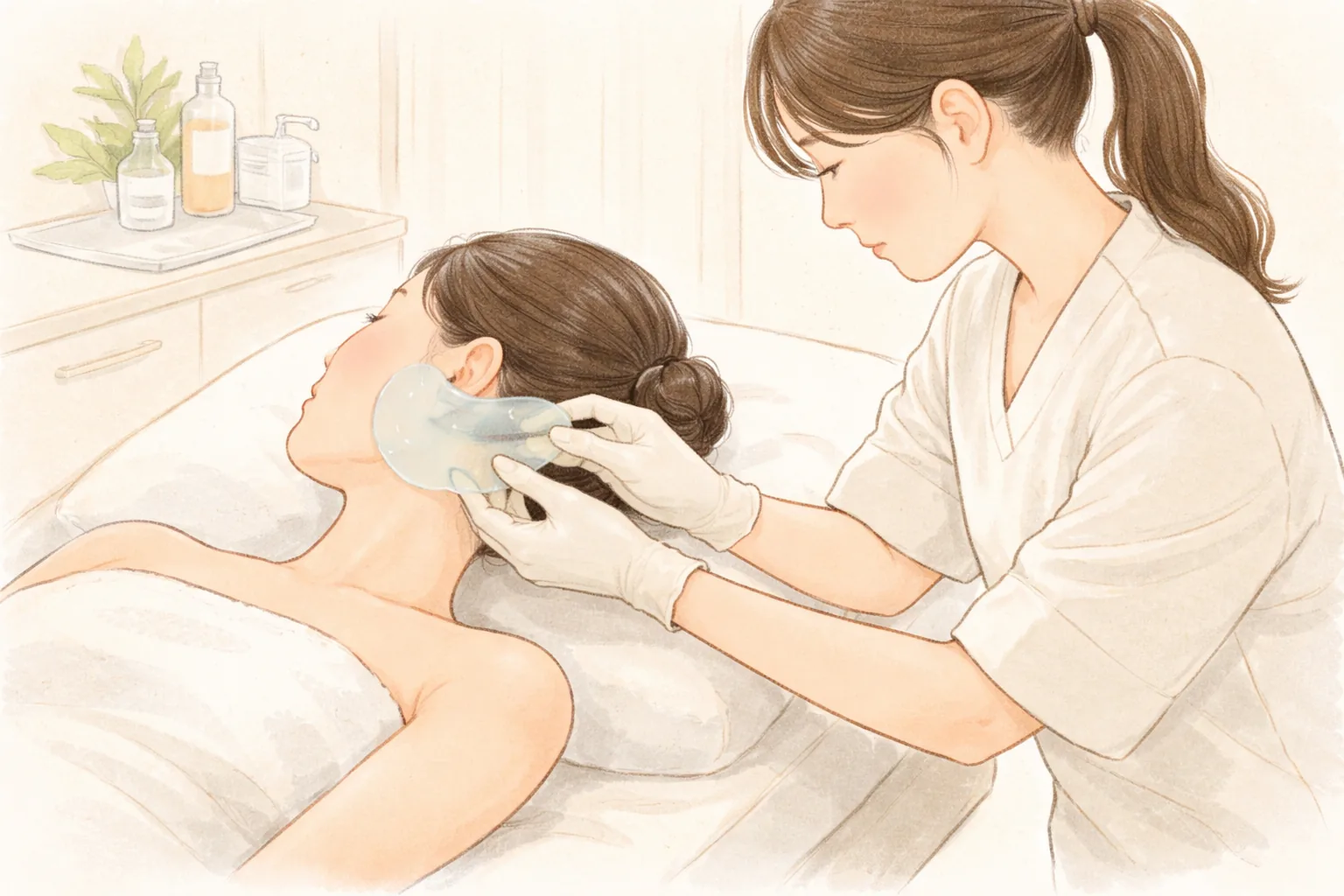 Gloved clinician placing a cooling gel mask on a woman's cheek
