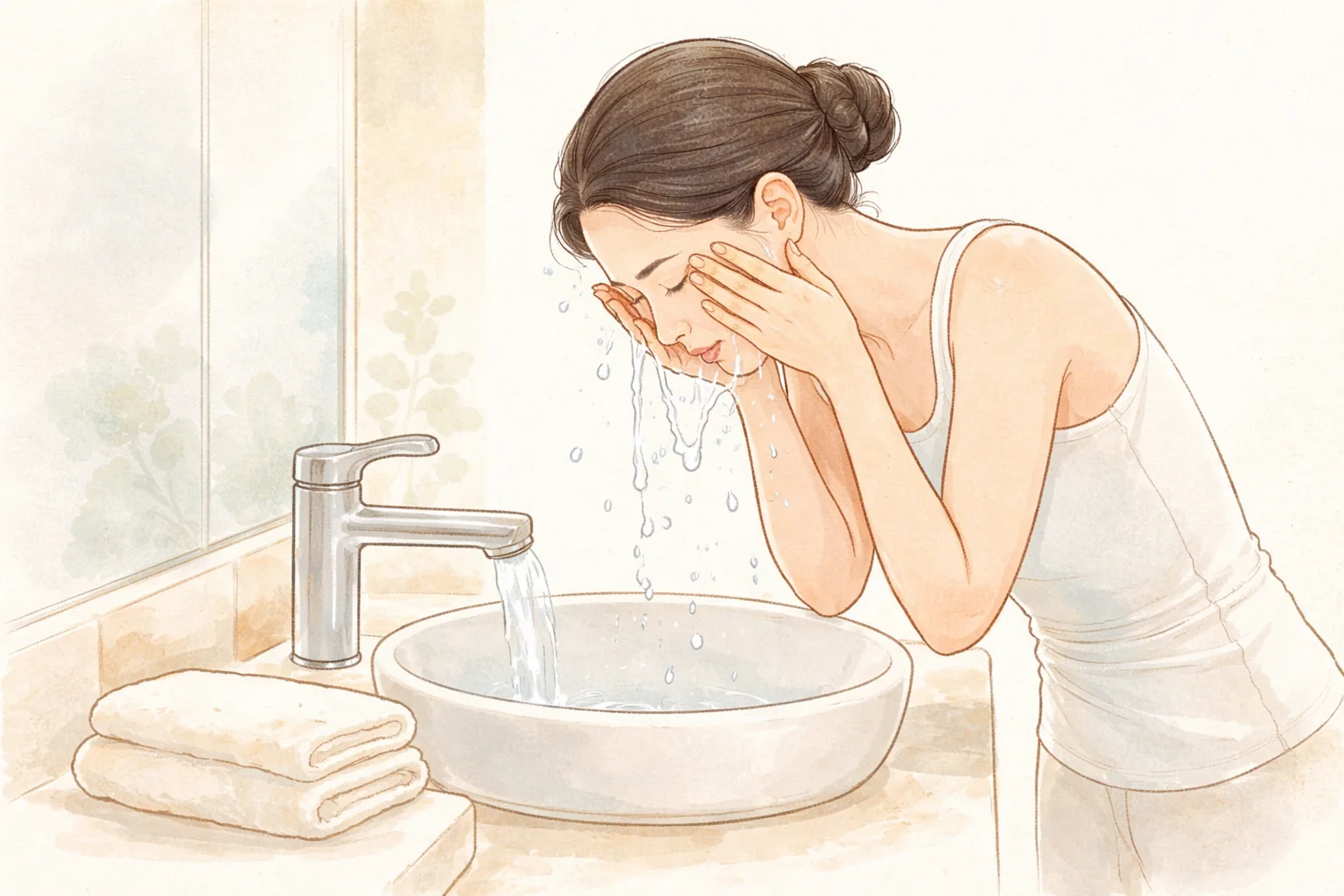 洗面台で両手で顔に水をかける白い服の女性