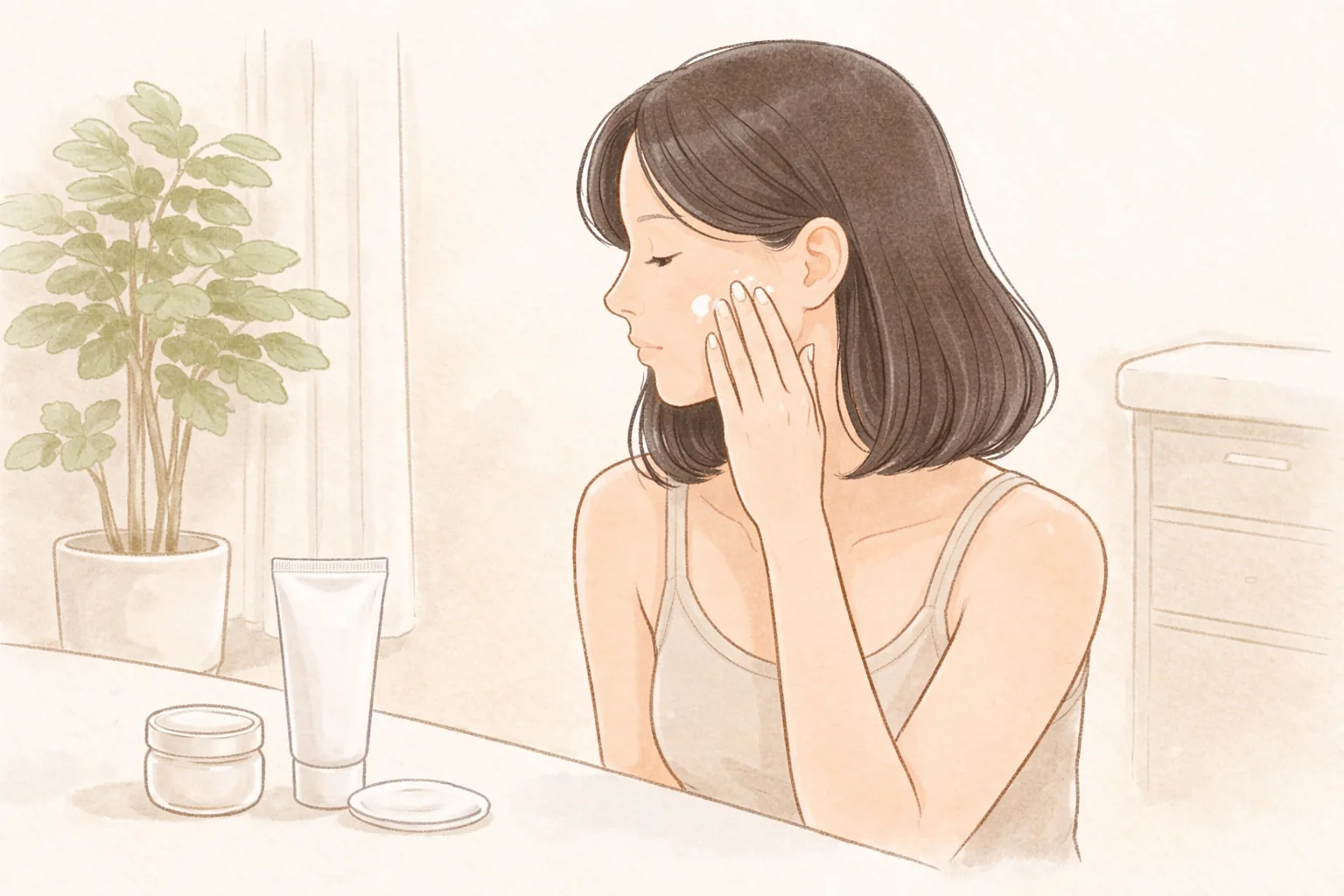 机の前に座り頬に保湿剤を塗る女性