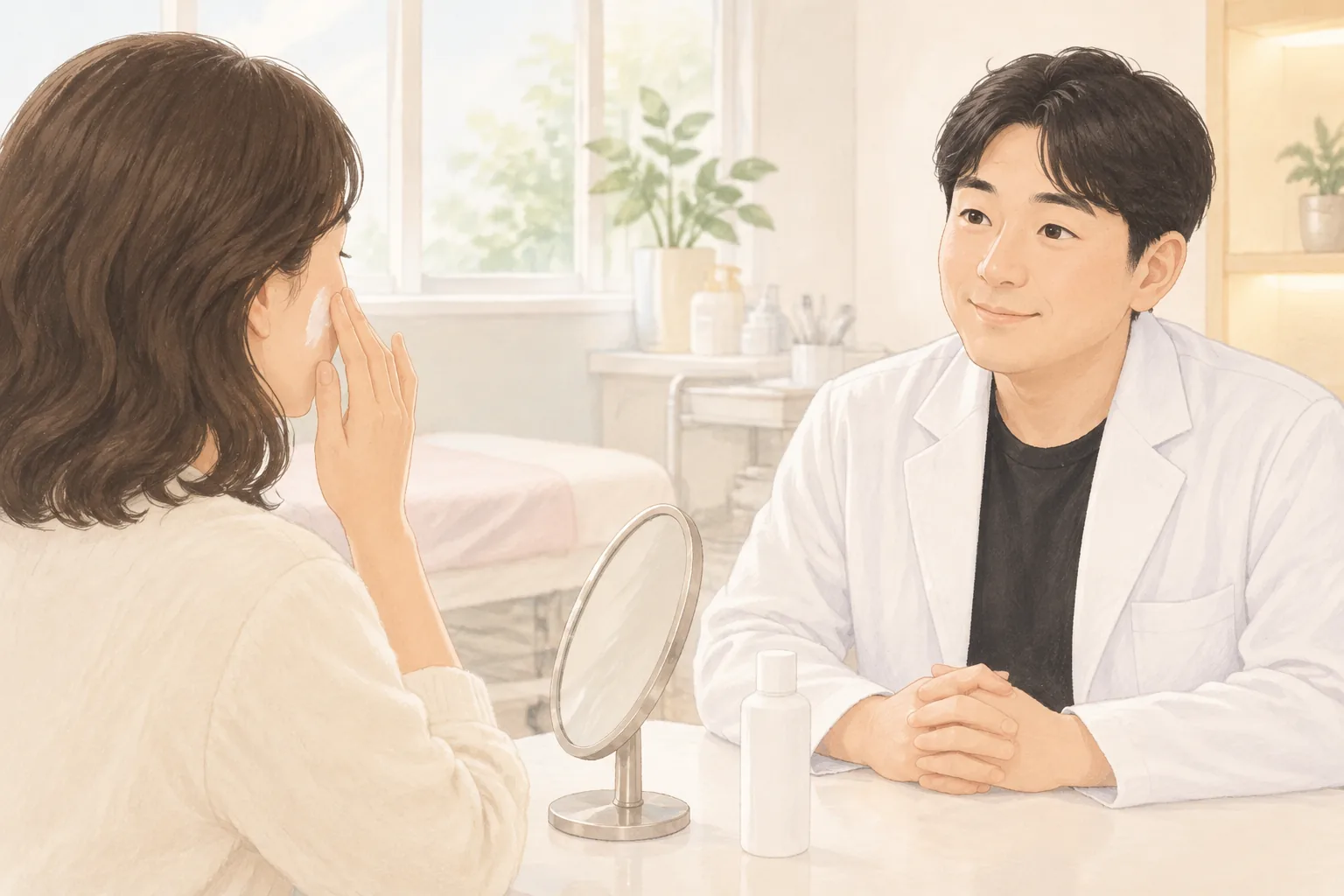 女性が鏡を見ながら顔に何かを塗り、男性が向かいに座っている