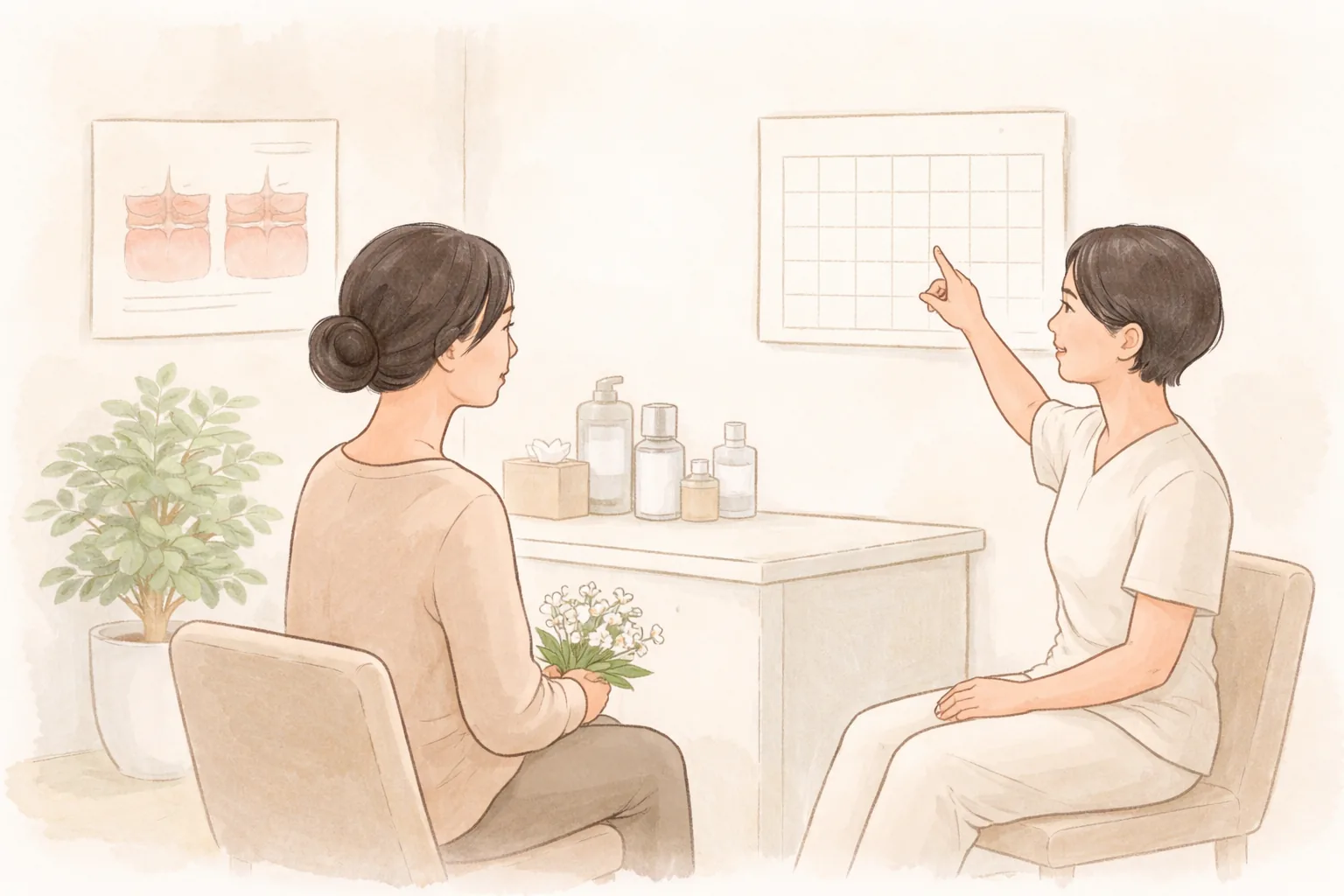 諮詢室內膝上放著白色花束交談的兩位女性