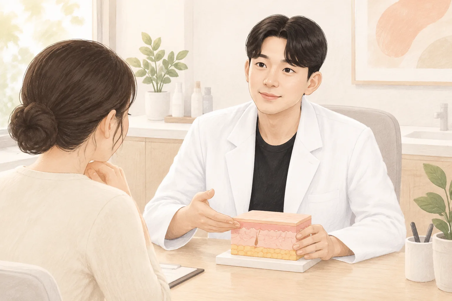 피부 모형을 들고 환자에게 설명하는 의사와 상담실의 환자