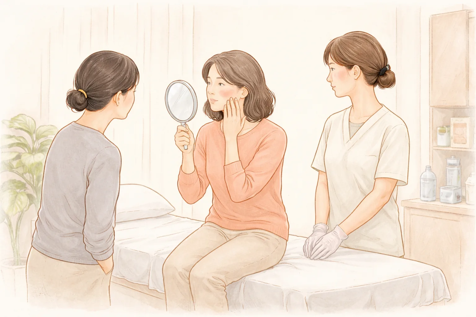 女性手持小鏡子查看臉頰，兩名醫療人員在旁觀看