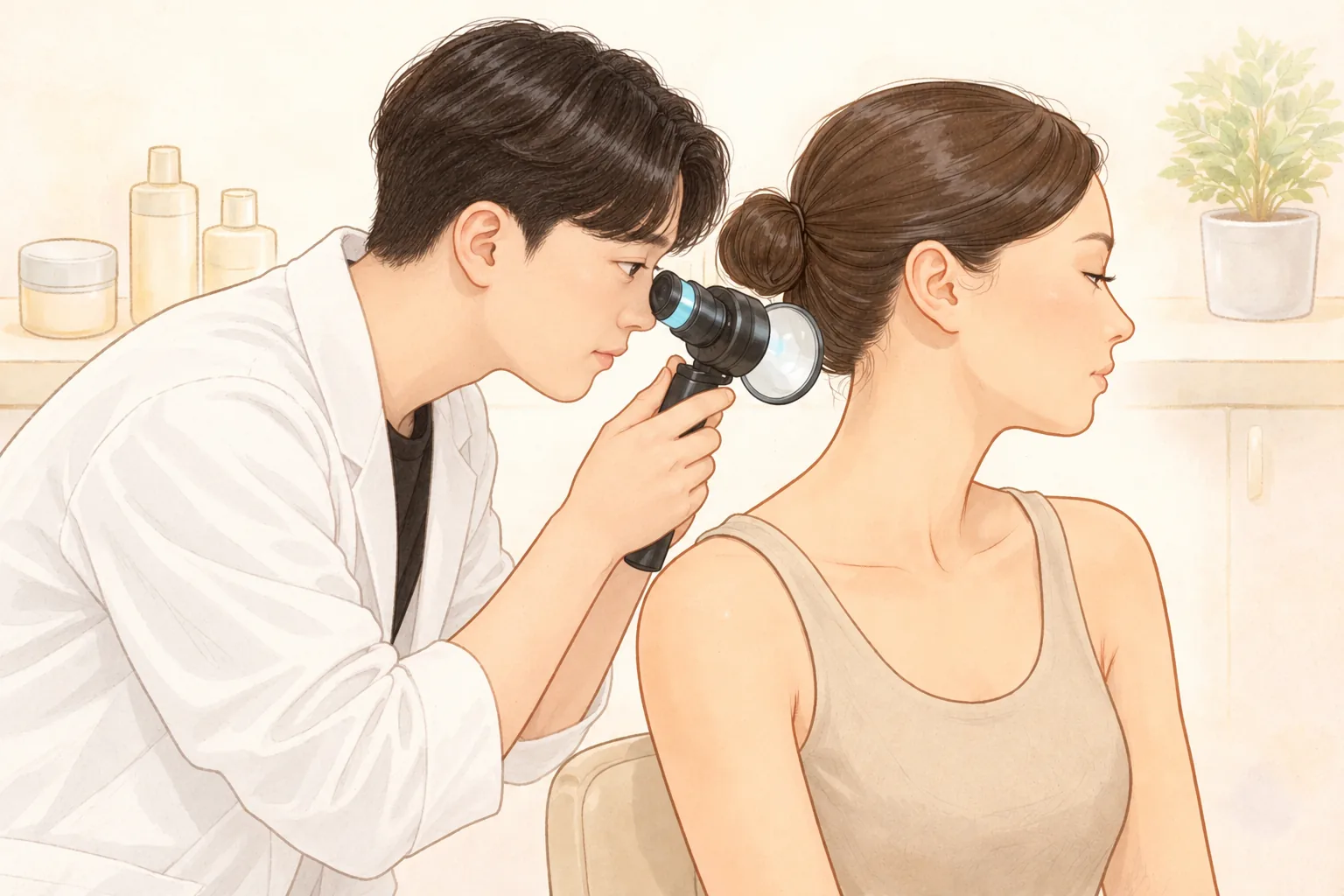 휴대용 확대경으로 여성의 볼을 살피는 의료진과 검진받는 여성