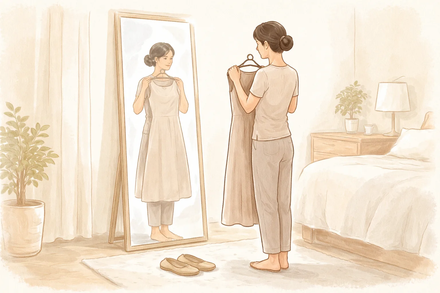 明るい部屋で鏡の前に立ちドレスを当ててみる女性