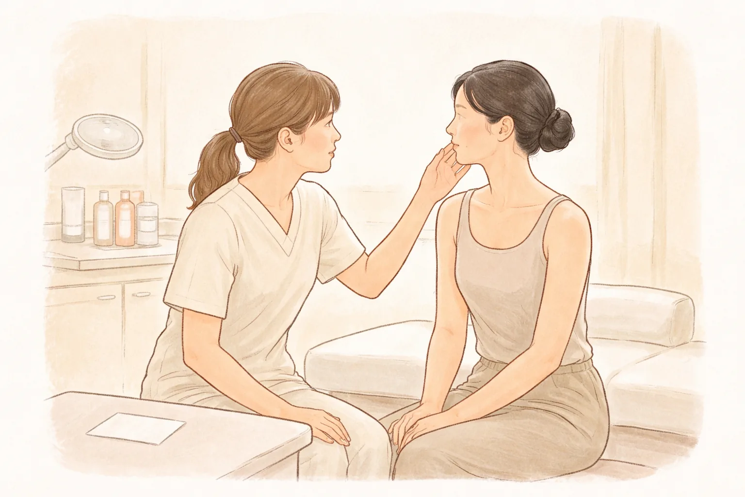 의료진이 여성 환자의 얼굴을 검진하며 설명하는 모습