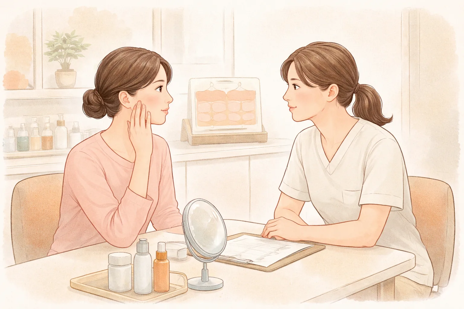 상담실에서 볼을 만지며 대화하는 여성과 의료진