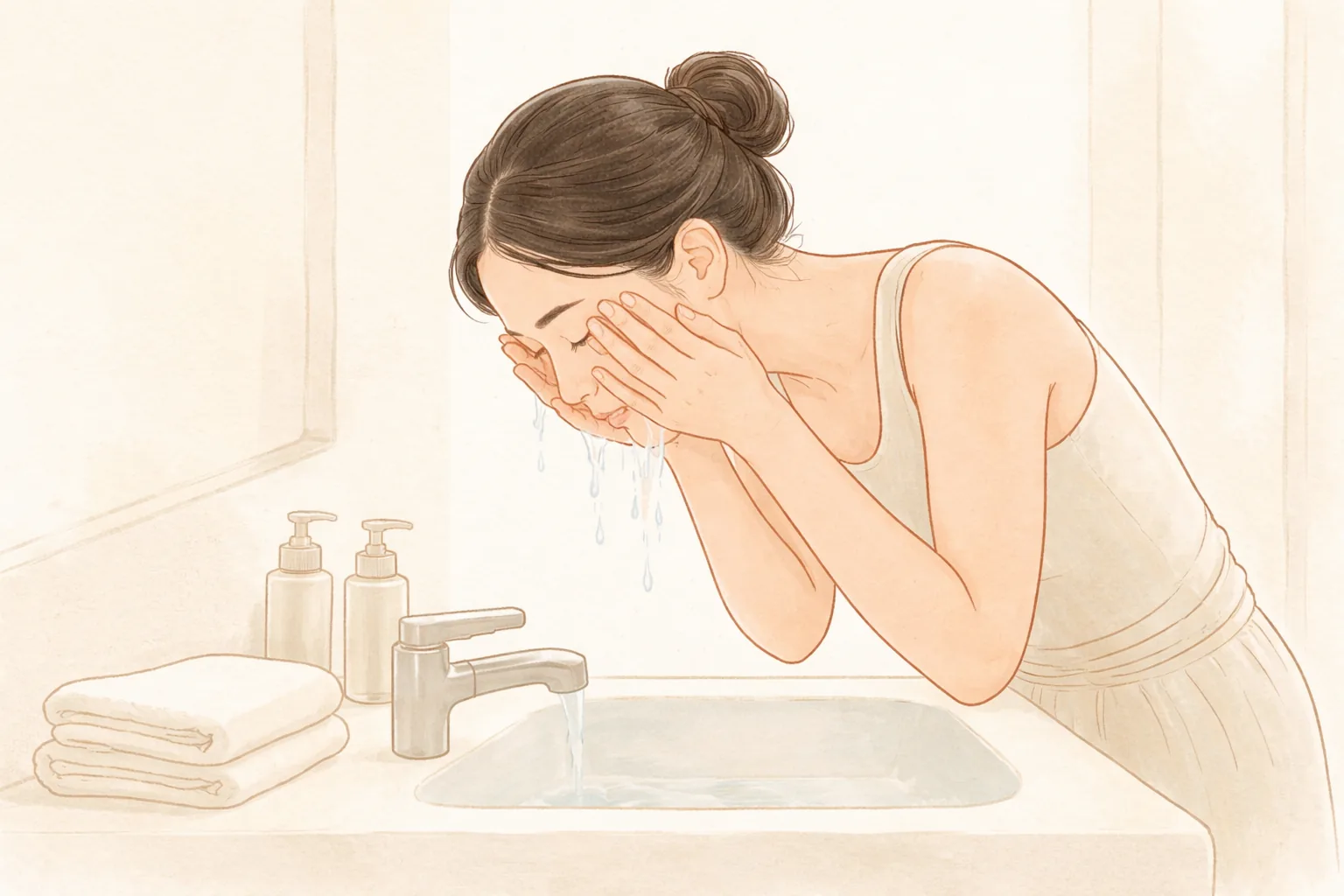 Woman with her hair tied back washing her face with lukewarm water at a sink